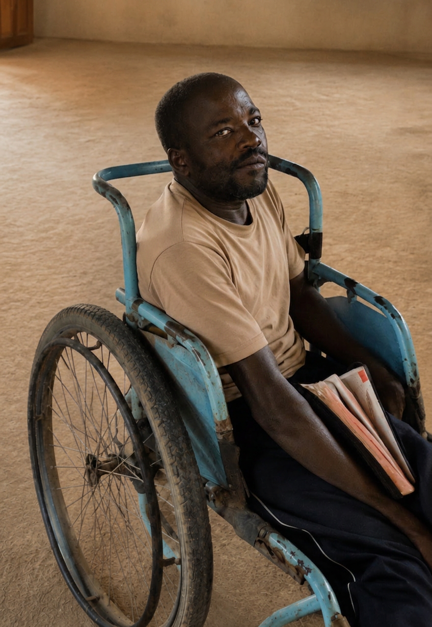 Mark, a man in a wheelchair in Haiti, holding his Bible and ready for on-site Bible study.